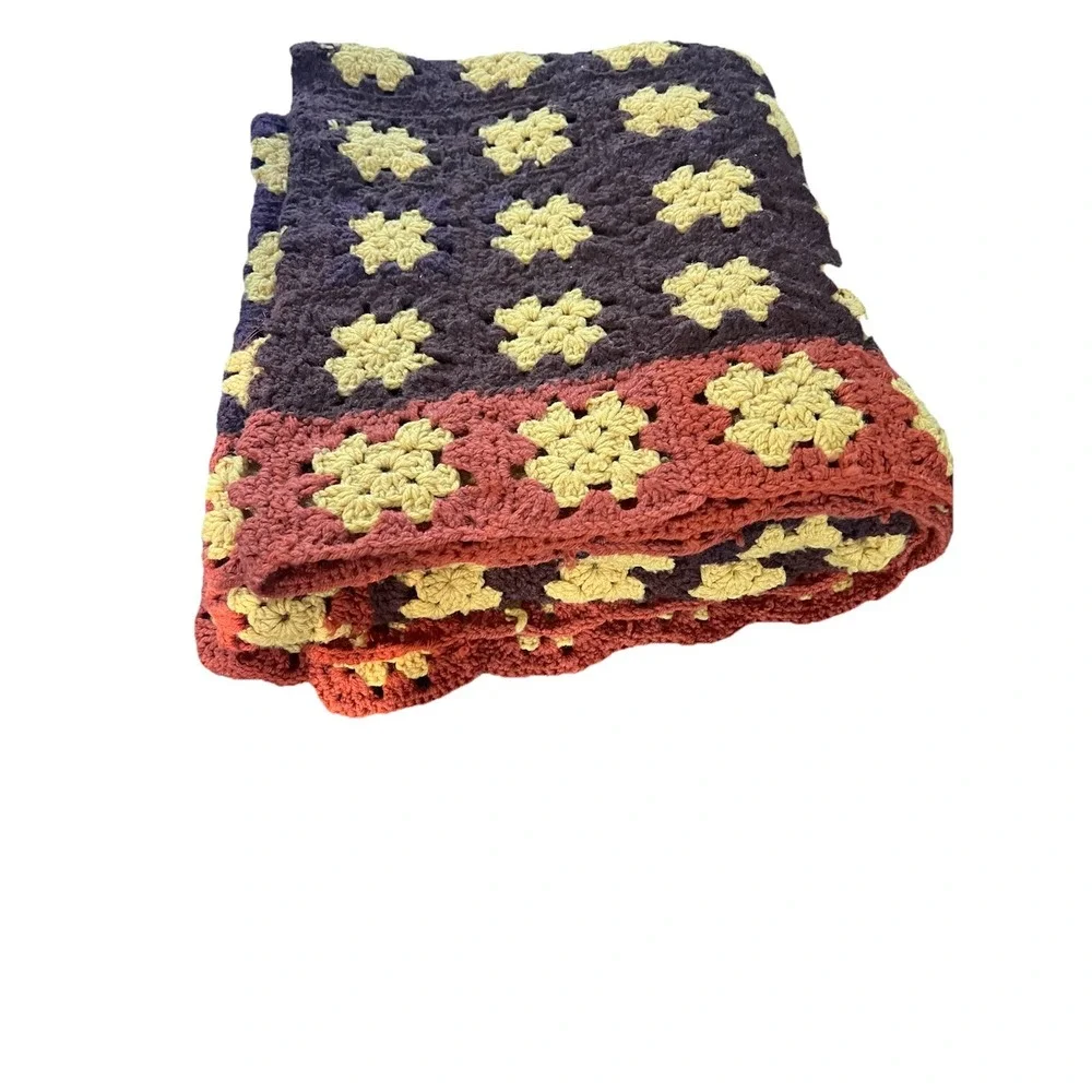 Vintage GRANNY‎ SQUARE Afghan Crochet 62x62 Throw Blanket 70s 60s MCM Knit Brown